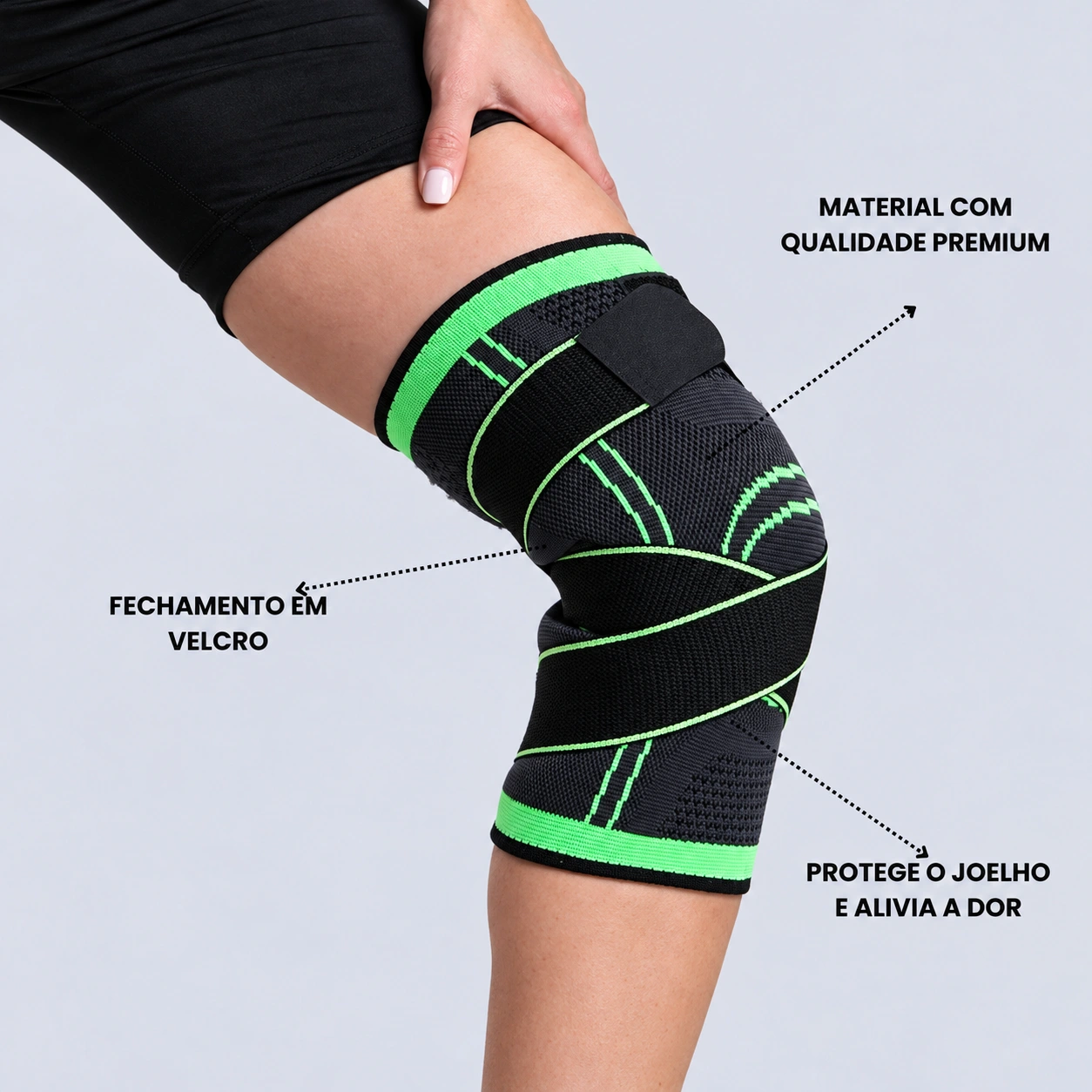 Detalhes da joelheira preta e verde: material, fechamento em velcro e suporte ao joelho