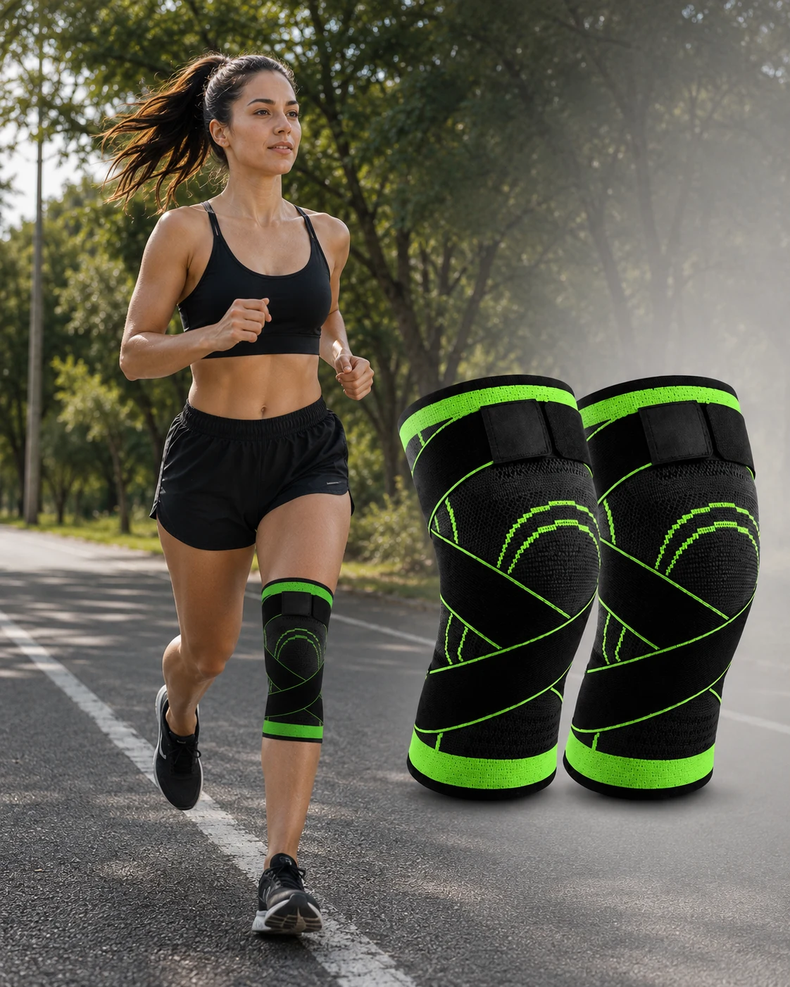 Joelheiras pretas e verdes e mulher usando o produto durante uma corrida